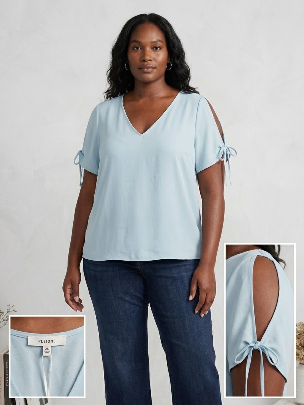 NWT Pleione Plus Size Light Blue V-Neck Tie-Sleeve Top tie sleeve size xl